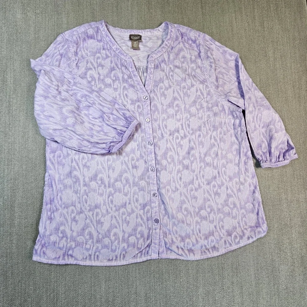Chicos Women's Purple Blouse 3/4‎ Sleeve 100% Cotton Size 3